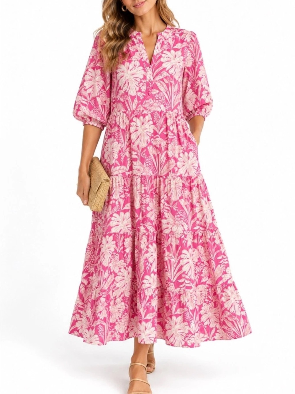 J.McLaughlin NWOT Pink Floral Linen Blend Maxi Dress L V-Neck Tiered 3/4 Sleeve